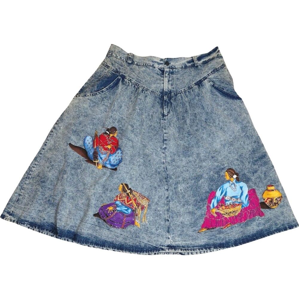 Kayo Of California Acid Wash Midi Skirt Southwest Denim Size 14 1980's  Vintage